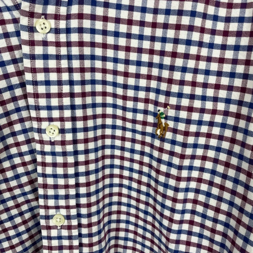 Ralph Lauren Mens Gingham Button Down Shirt Large Navy Blue Burgundy Cotton‎ L/G